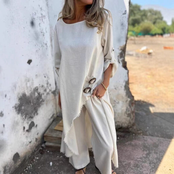 Loose Irregular Long Suit With Metal Button Design Round Neck Long-sleeved Top And Straight Trousers Fashion Wide-leg Pants Women's Clothing - Image 2