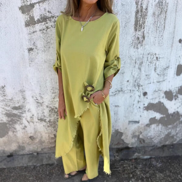 Loose Irregular Long Suit With Metal Button Design Round Neck Long-sleeved Top And Straight Trousers Fashion Wide-leg Pants Women's Clothing - Image 4